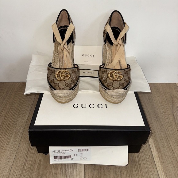 Gucci GG Espadrilles Canvas Wedge Platform Heels Closed Toe Ankle Wrap Size 38 - Picture 1 of 16